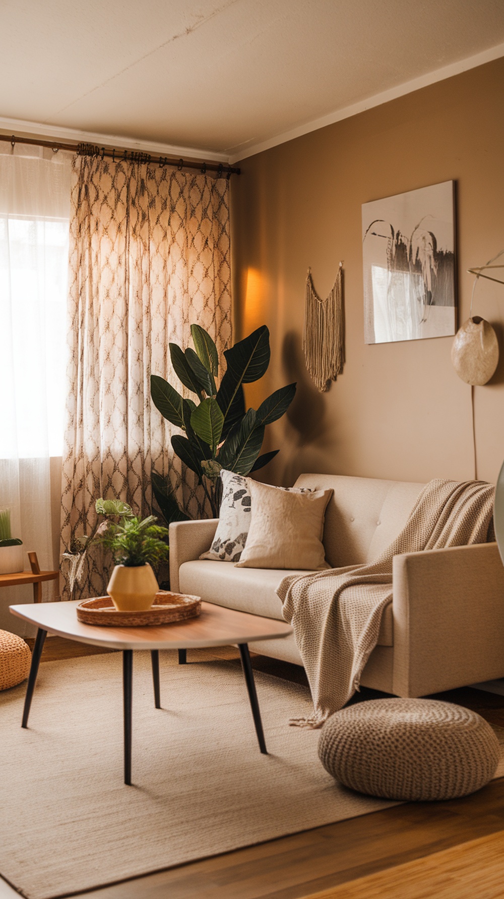 Cozy living room with a beige couch, knitted throw, colorful pillows, and light curtains.