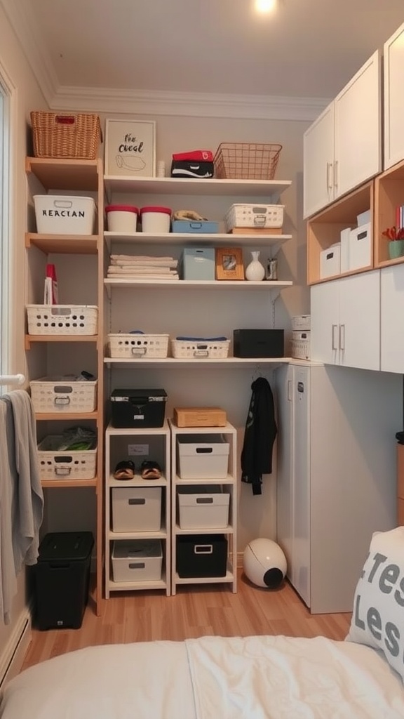 Vertical storage solutions in a small bedroom with shelves and storage boxes