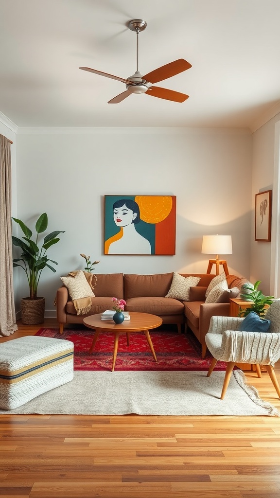 A mid century modern living room featuring a brown sofa, colorful art, plants, and a cozy atmosphere.