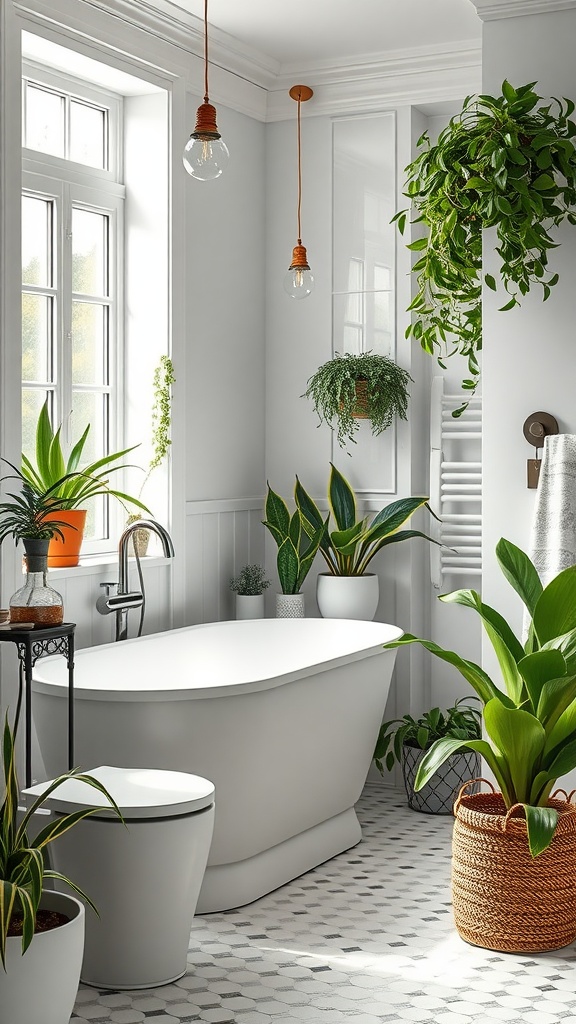 Indoor plants in a Scandinavian bathroom, featuring a sleek bathtub and natural light.
