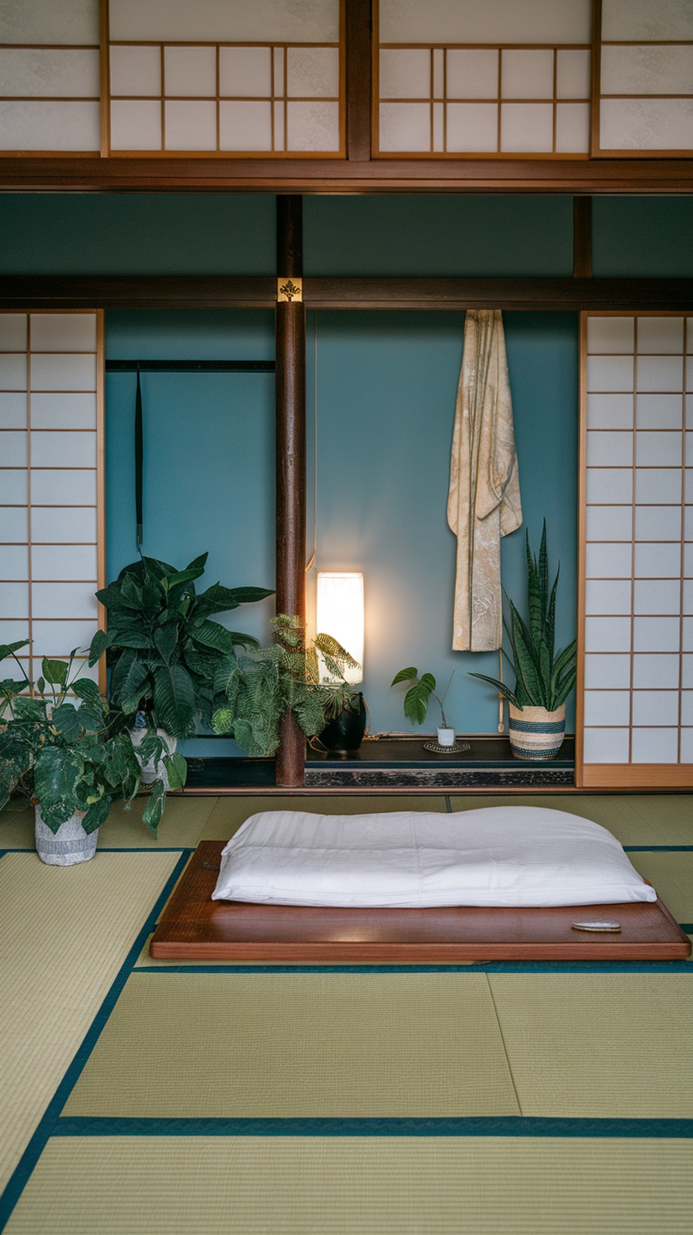 A Japanese bedroom featuring indoor plants, tatami mats, and soft lighting.