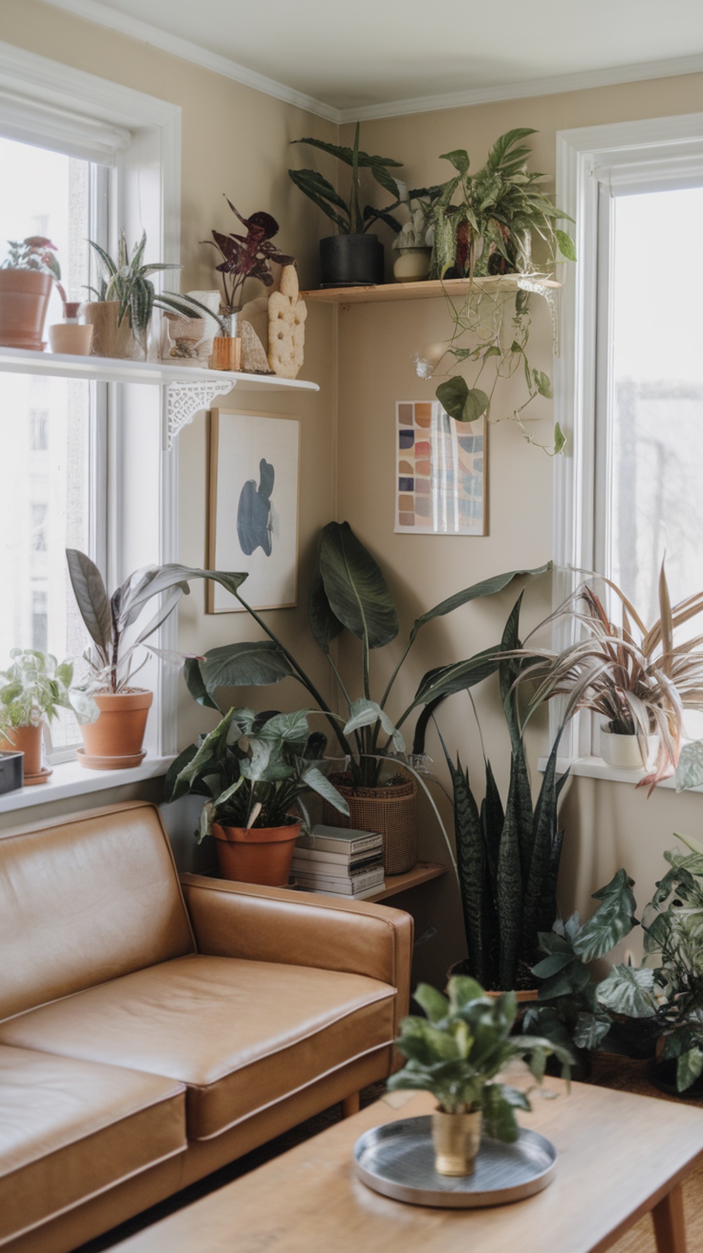 A cozy living room corner with various indoor plants, brown leather couch, and wooden table.