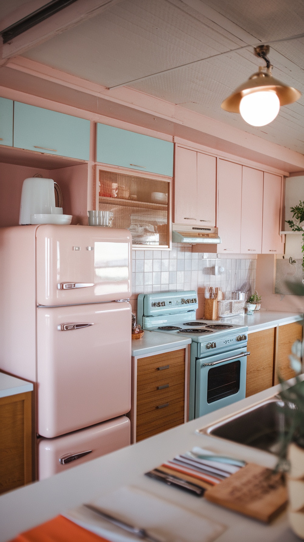 A colorful Mid Century Modern kitchen featuring a pink refrigerator and blue stove, capturing retro design elements.
