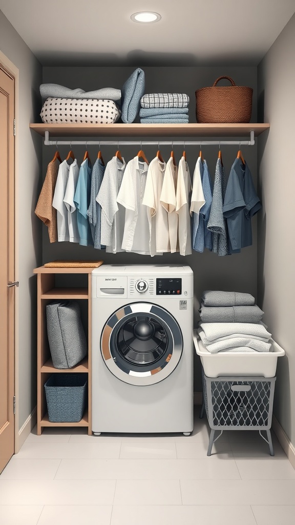 A compact laundry room featuring a washing machine, neatly arranged clothes on a hanging rack, and a shelf for folded items.