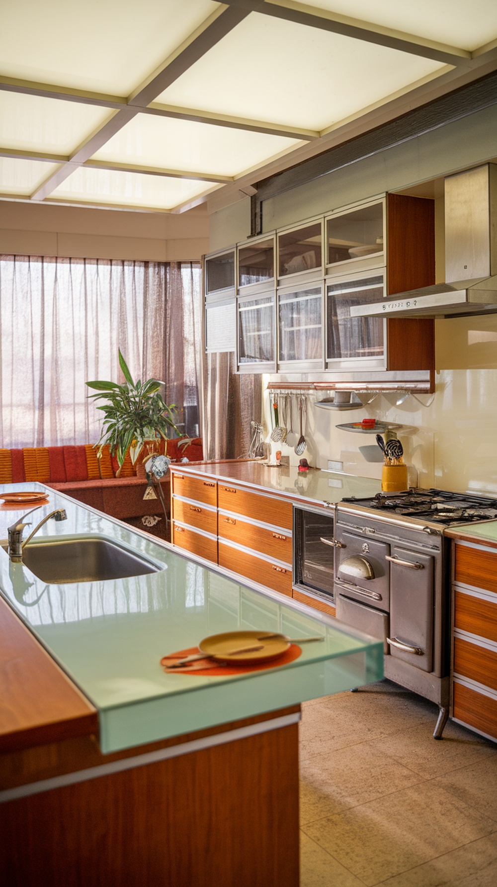 Interior of a mid century modern kitchen with sleek cabinets and glass countertops