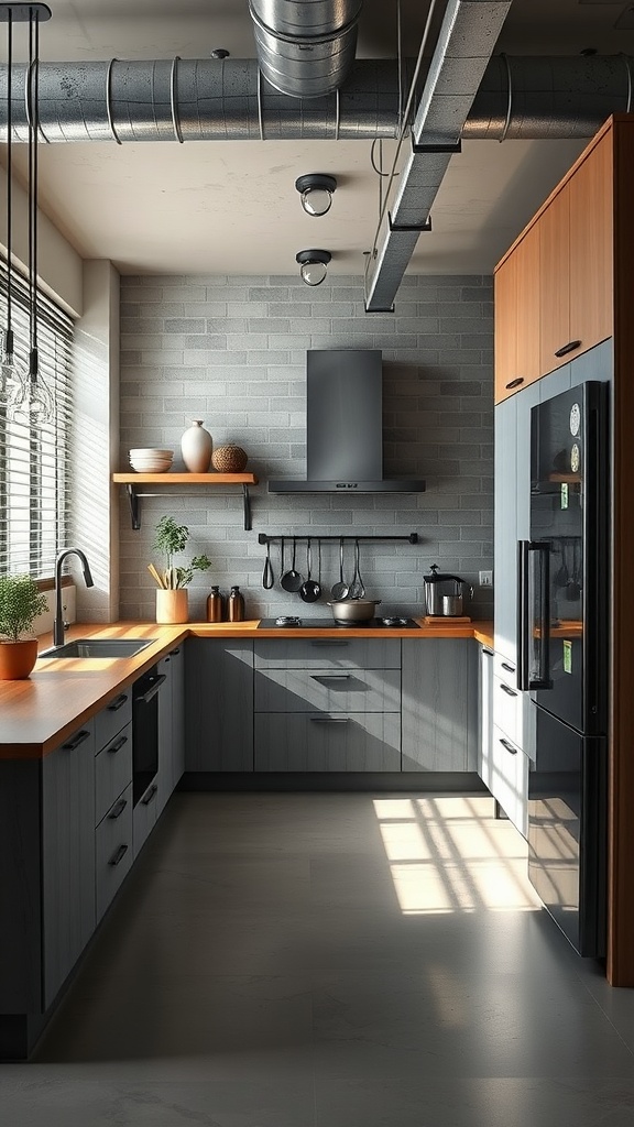 Modern kitchen featuring two-tone cabinets with gray and wood finishes.