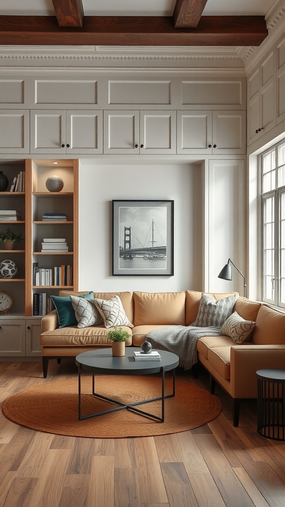 Cozy living room with built-in shelves and comfortable seating.