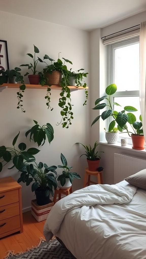 A small bedroom featuring various indoor plants on a shelf and the floor, creating a fresh and inviting atmosphere.