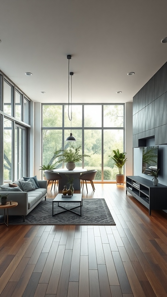 A modern open kitchen and living room with large windows, plants, and smart technology.