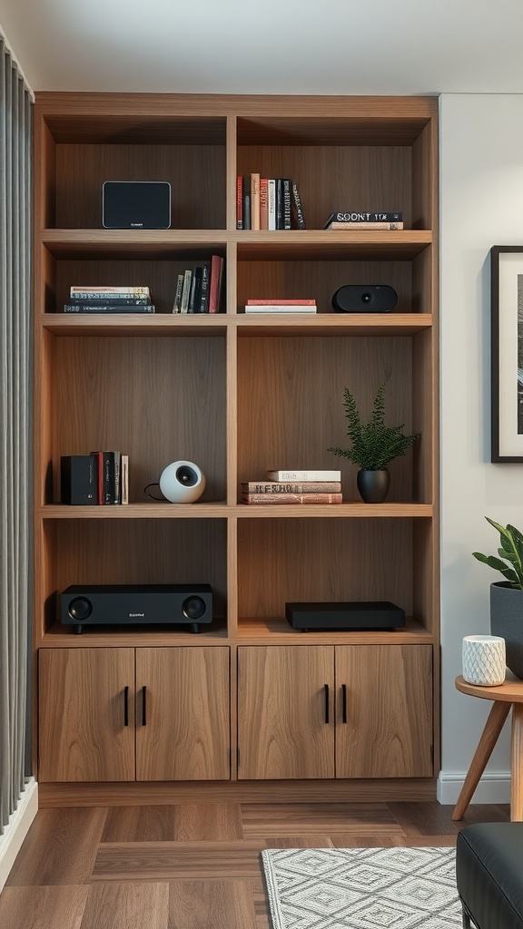 Modern living room built-in shelves with technology integration.