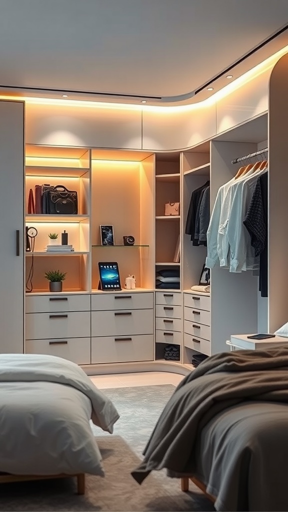 A modern wardrobe design in a bedroom with integrated technology and warm lighting.