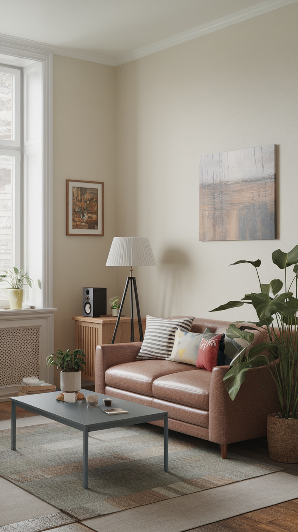 A cozy small apartment living room with a brown sofa, a modern coffee table, and stylish decor.