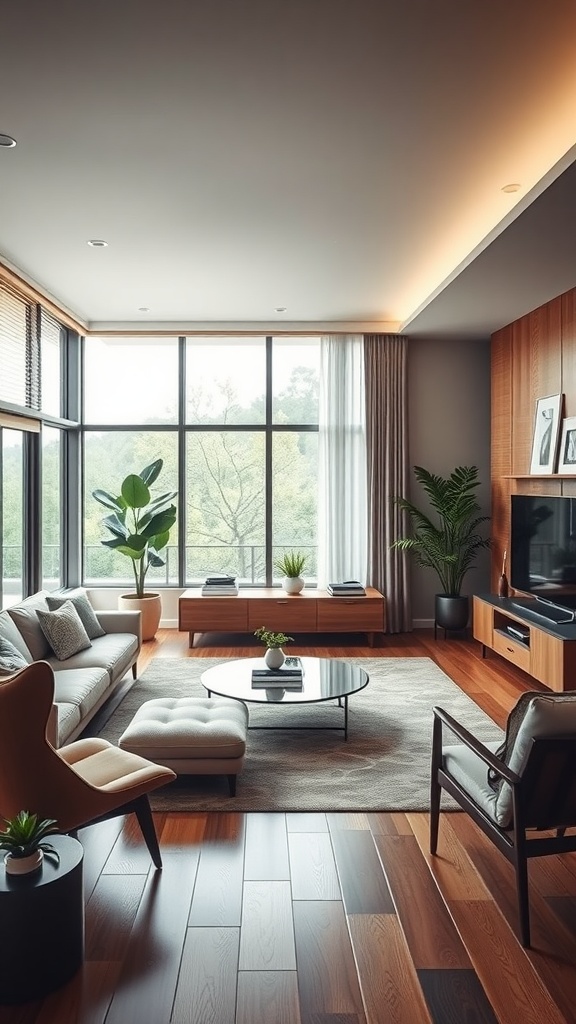 A mid-century modern living room with large windows, stylish furniture, and plants.