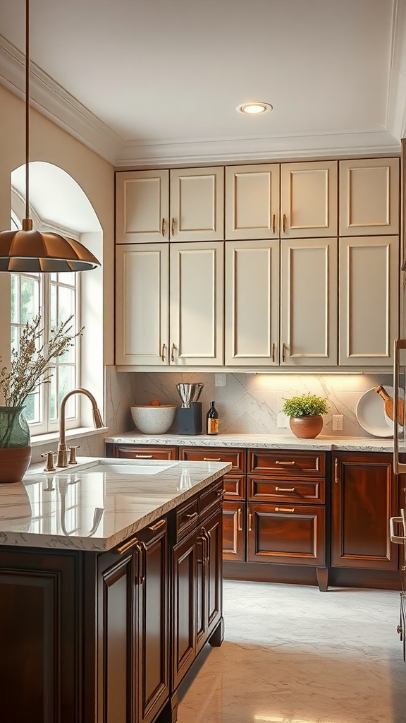 A kitchen featuring two-tone cabinets with light upper cabinets and dark lower cabinets, complemented by a light marble countertop.