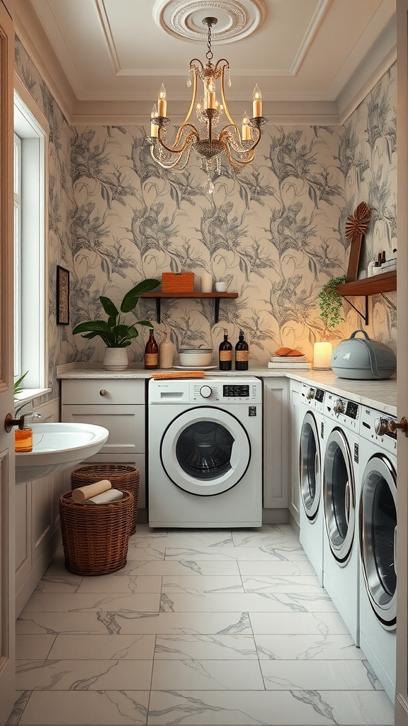 Elegant laundry room with chandelier, stylish wallpaper, and organized storage