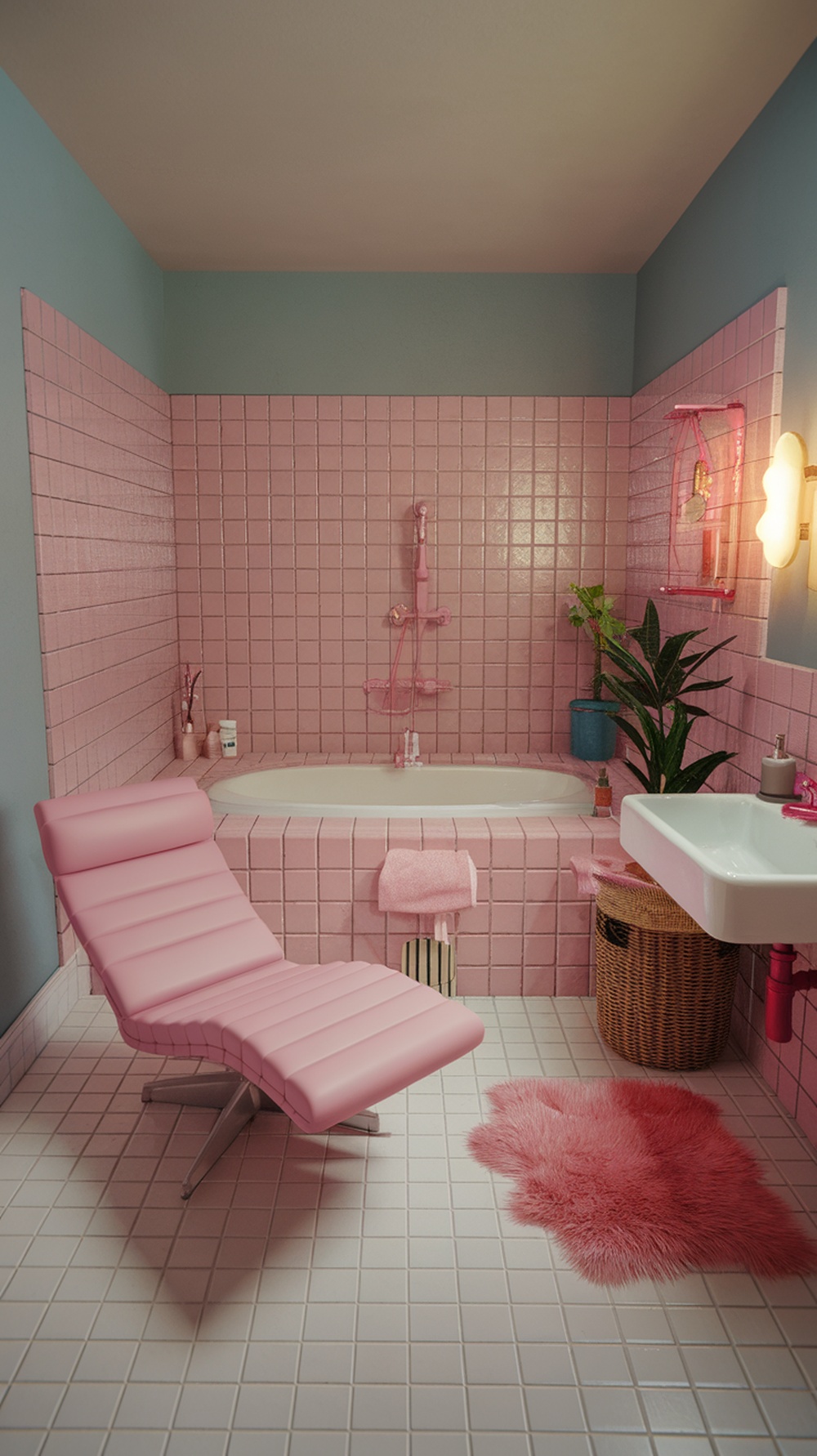 A bright pink bathroom featuring a lounge chair, a bathtub, and plants, creating a cozy atmosphere.