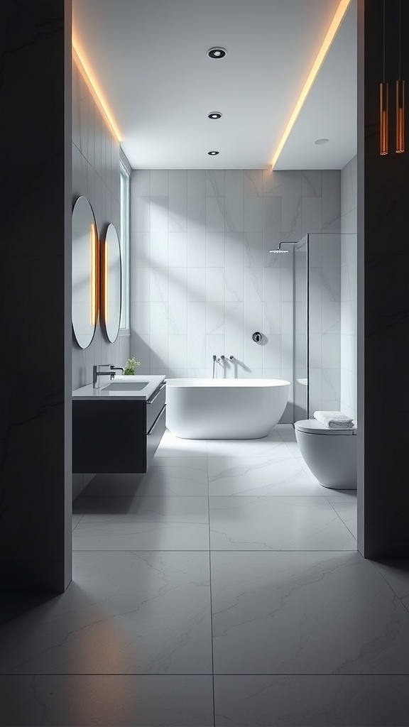 Modern bathroom featuring large format tiles on the floor and walls