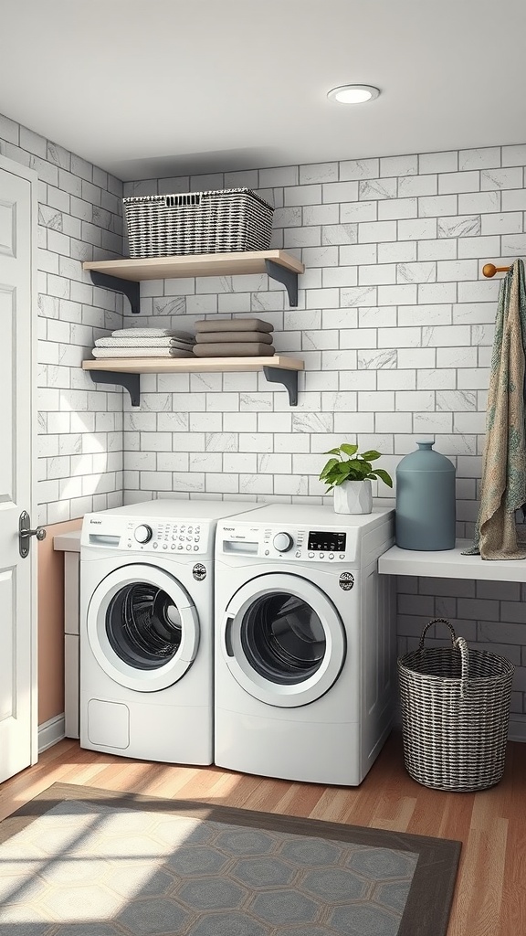 A bright and organized farmhouse laundry room featuring side-by-side washing machines, shelves, and a countertop.