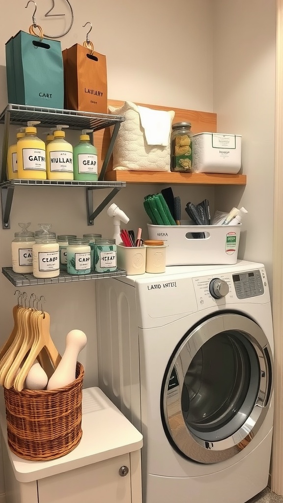 A compact and stylish laundry room with shelves, colorful detergent bottles, and hanging clothes.