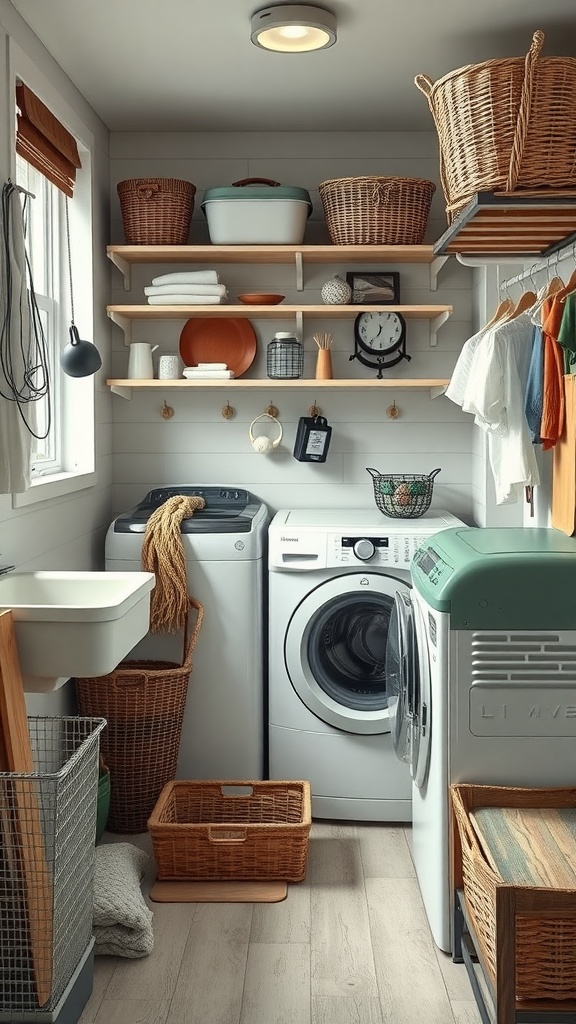 A cozy farmhouse laundry room with organized shelves, baskets, and modern appliances.