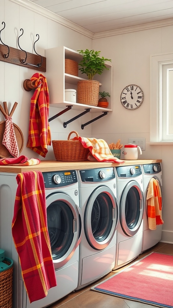 A bright and inviting farmhouse laundry room with colorful accents and practical storage.