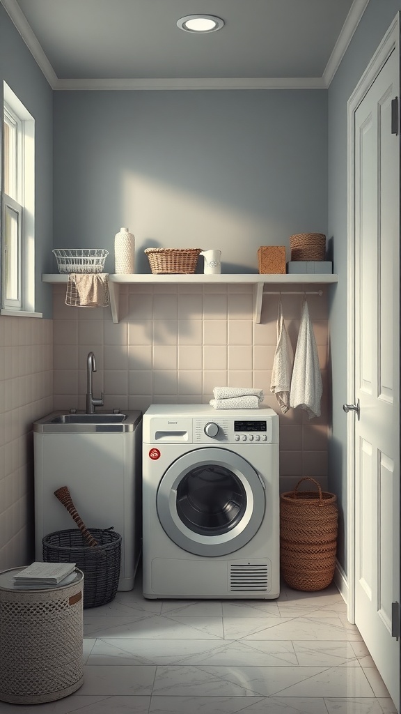 A small, stylish laundry room featuring gray walls, pastel tiles, and white appliances.