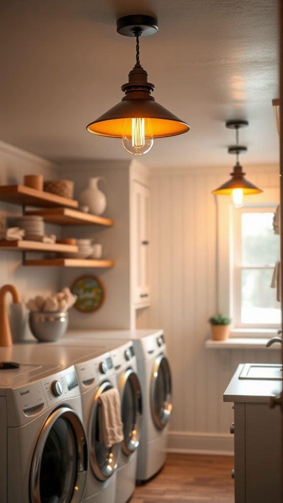 Farmhouse style laundry room with pendant lighting and warm ambiance.
