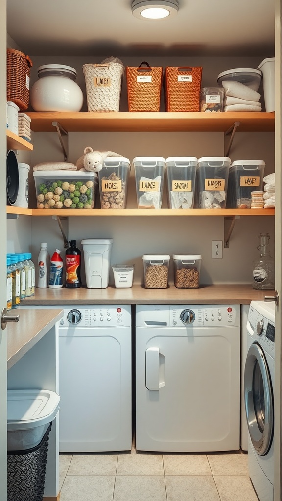 Organized small laundry room with labeled bins and shelves