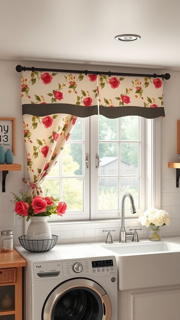 Cozy farmhouse laundry room with floral curtains, a window, and laundry appliances