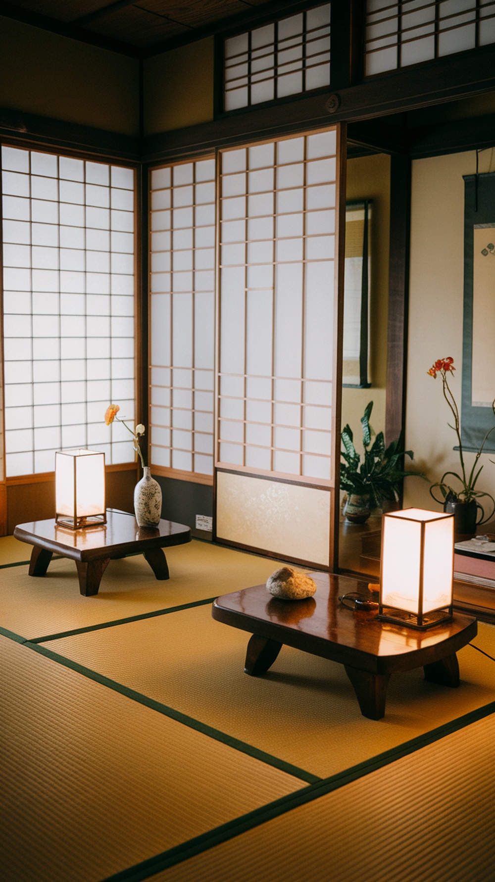 A traditional Japanese bedroom with soft lighting and tatami flooring, highlighting the calming atmosphere.