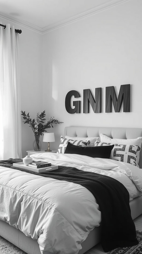 A stylish black and white bedroom featuring a bed with a white duvet, black throw blanket, and decorative pillows, along with a lamp and greenery.