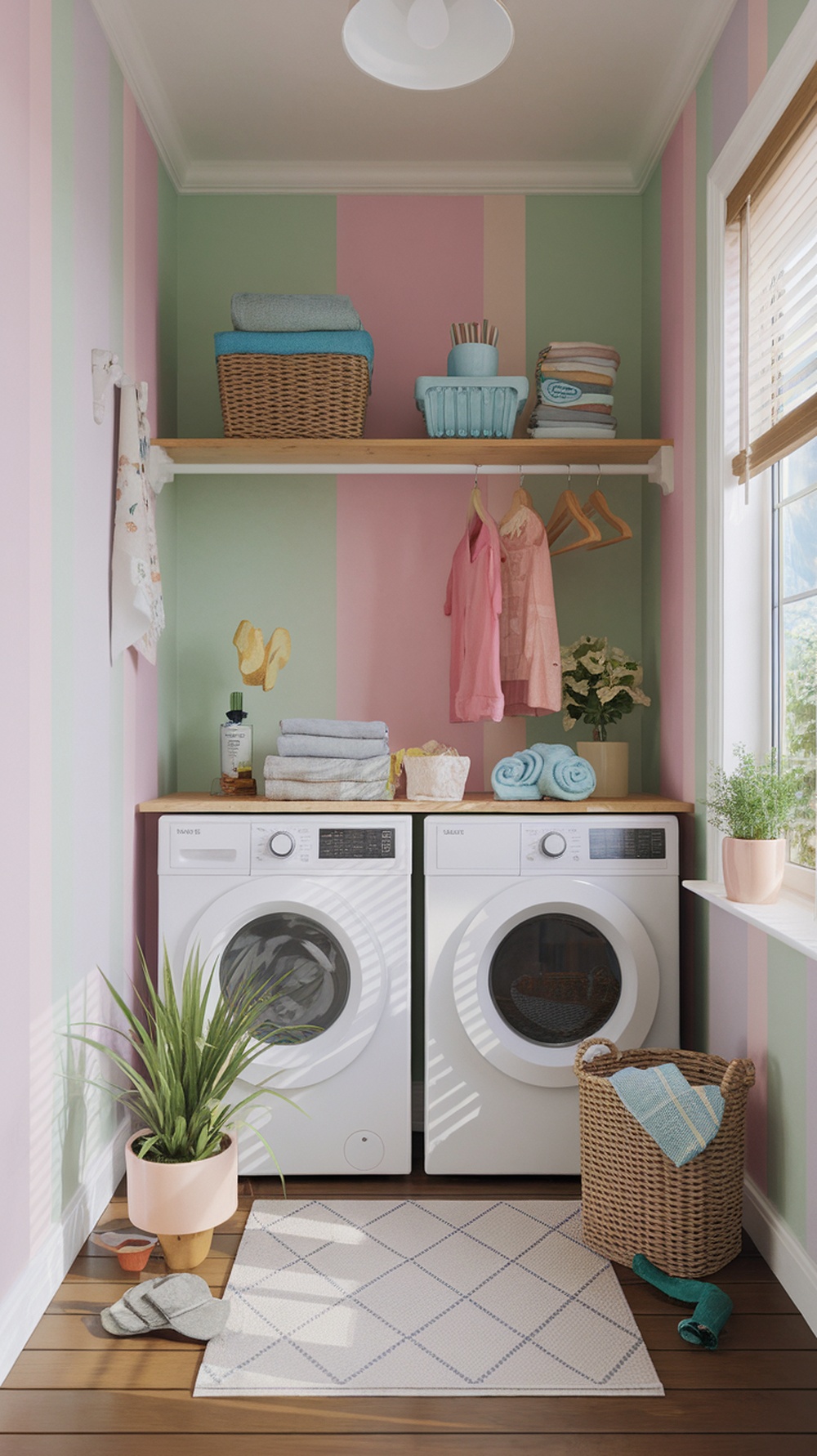 A small laundry room with pastel colored striped walls, a shelf with neatly arranged towels, and a potted plant.