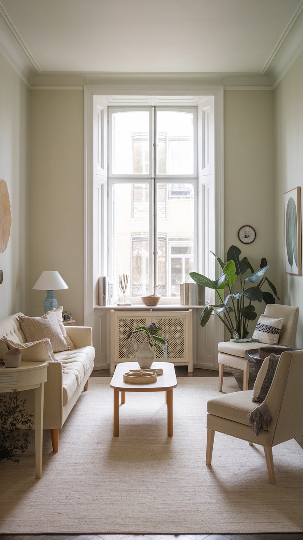 Bright and airy small apartment living room with light color palette and plants.