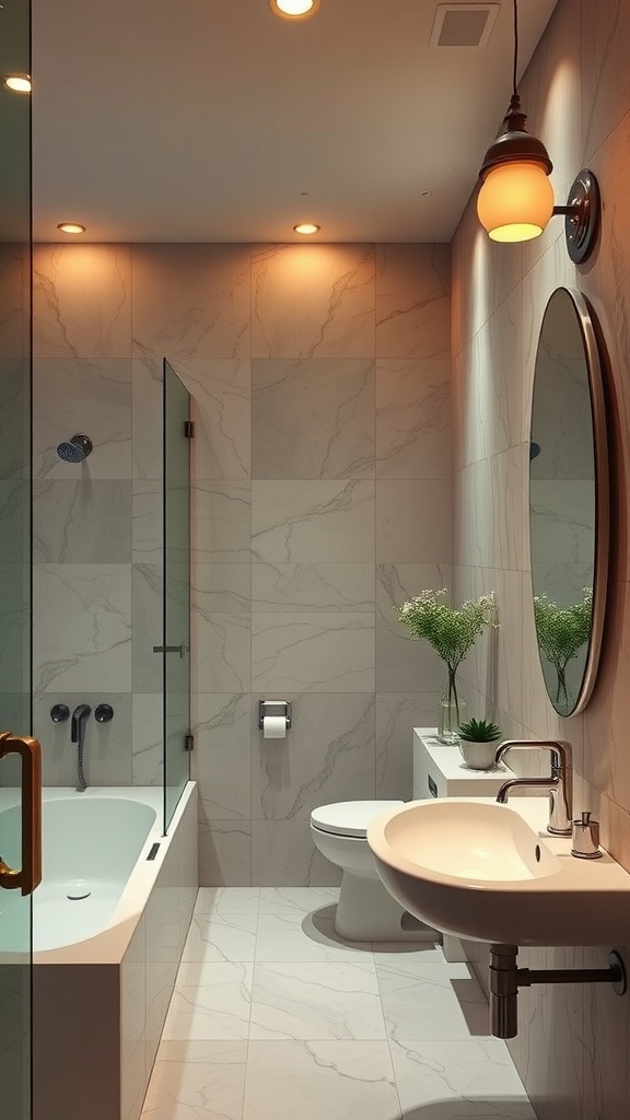 A modern bathroom interior design featuring a stylish mix of lighting elements that create a warm and inviting atmosphere.