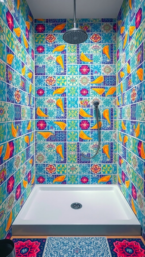 A vibrant shower wall featuring colorful patterned tiles in blue, green, and orange.