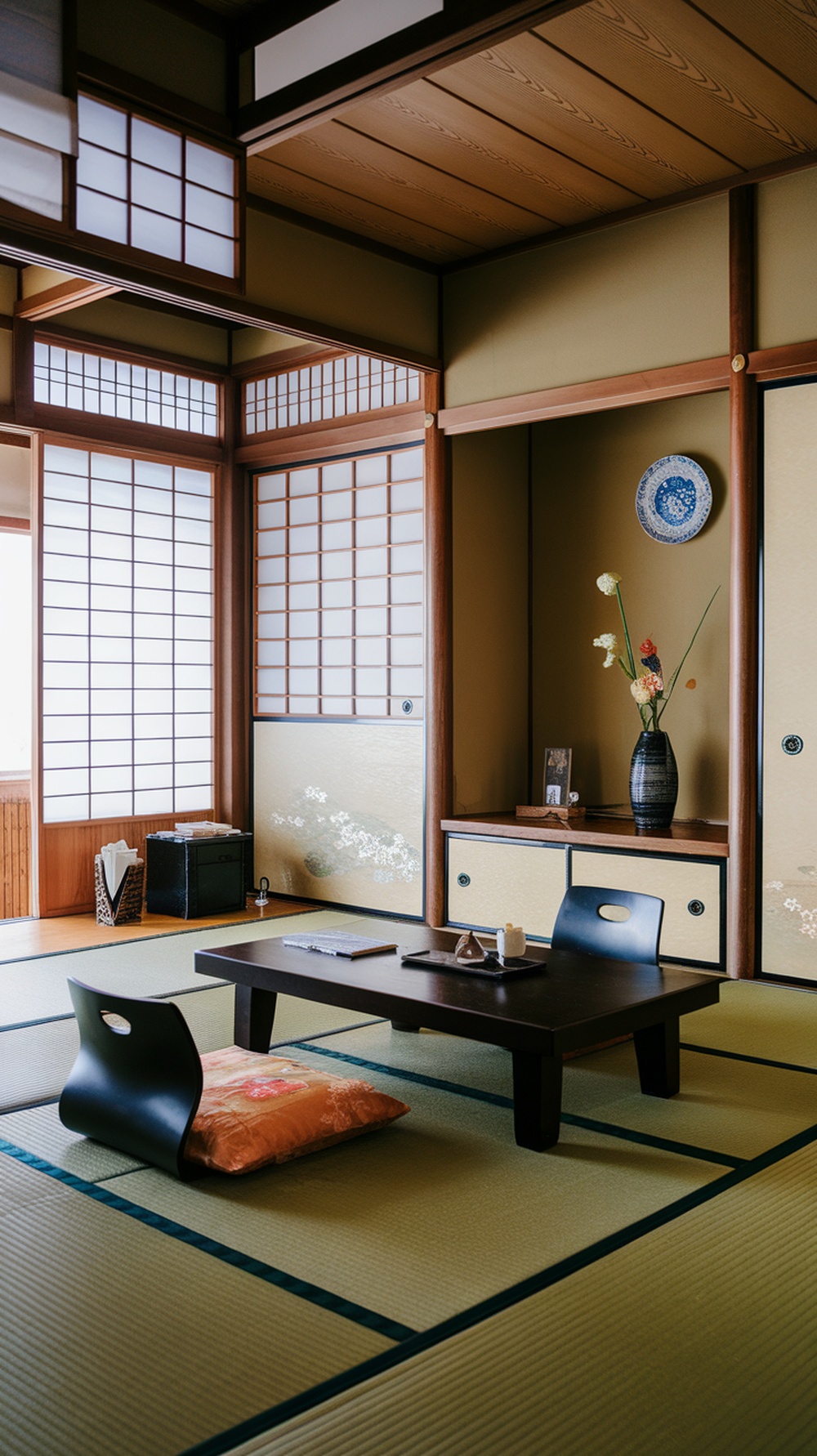A traditional Japanese bedroom with low-profile furniture and tatami mats