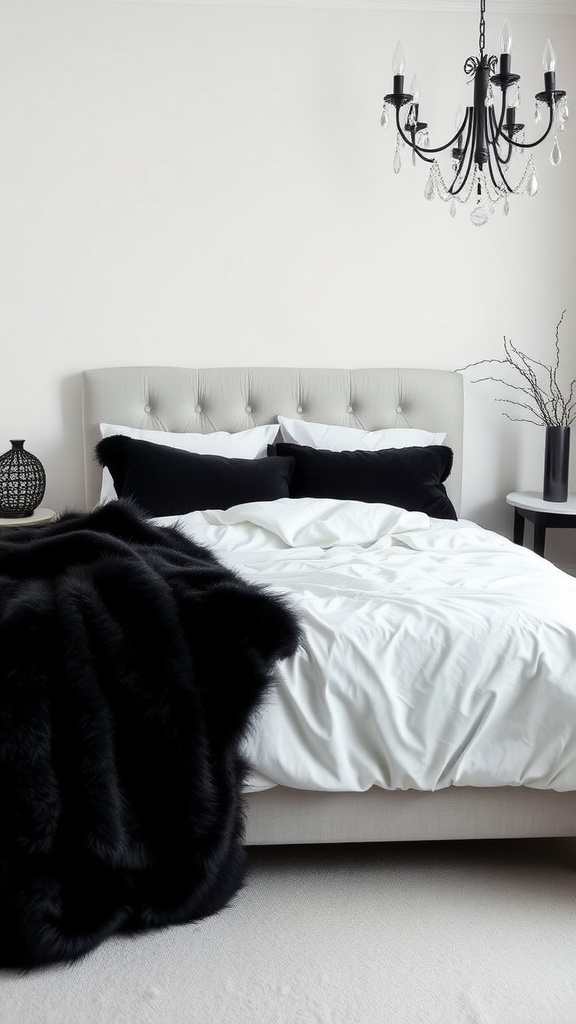 Luxurious black faux fur throw on a white bed with black pillows and elegant chandelier.