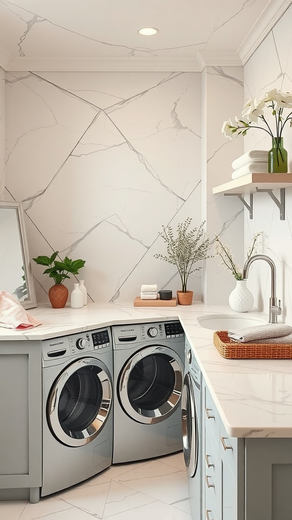 A modern laundry room featuring sleek marble-like countertops, grey cabinetry, and a stylish arrangement of plants and decor.
