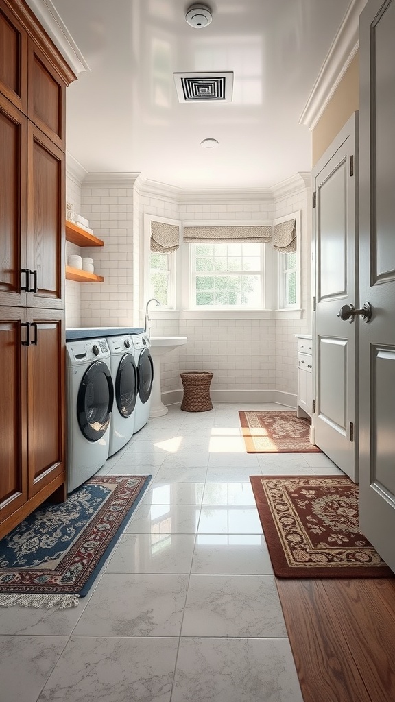 A luxurious laundry room featuring a combination of glossy white tiles and warm wooden flooring, with area rugs adding comfort and style.