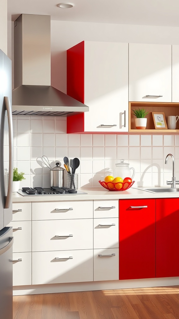 A bright kitchen featuring two tone cabinets in red and white.
