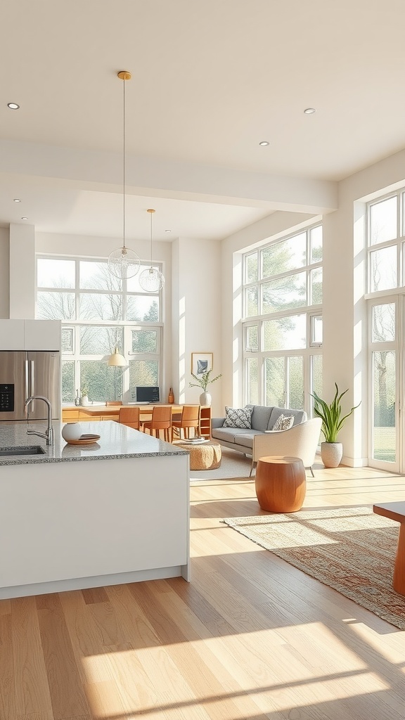 Bright open concept kitchen and living room with large windows showcasing natural light.