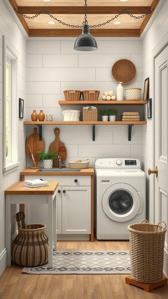 A cozy farmhouse laundry room featuring light wood accents, a white washing machine, open shelving with decorative baskets, and a small workspace.