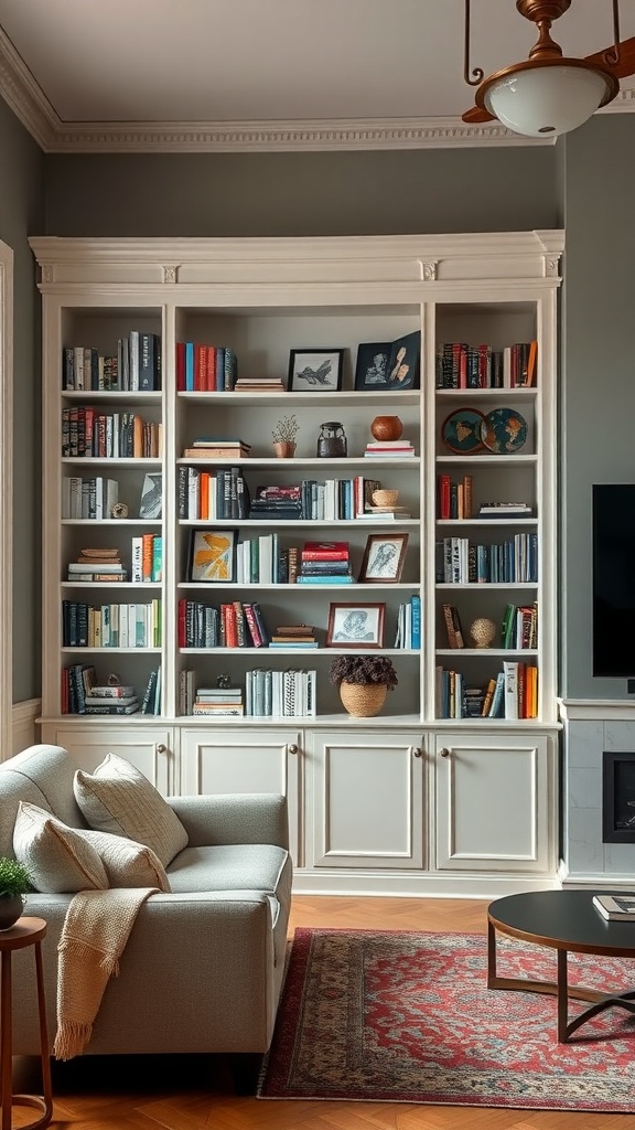 A living room featuring a spacious built-in shelf with books and decor, complemented by a cozy couch and a coffee table.