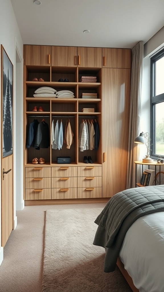 A modern built-in wardrobe in a bedroom featuring wooden laminate design with shelves and drawers.