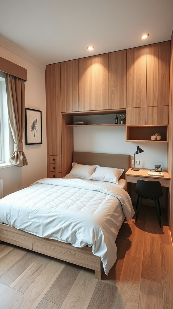 A small bedroom featuring multi-functional furniture with a bed, desk, and wall-mounted shelves.