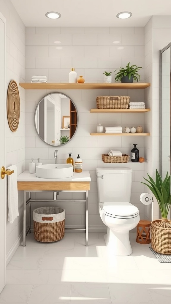 Modern bathroom interior with open shelves, minimalist design, and plants