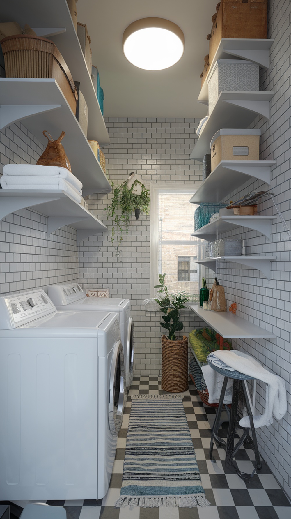 A small, organized laundry room with shelves, a washer and dryer, and decorative elements.