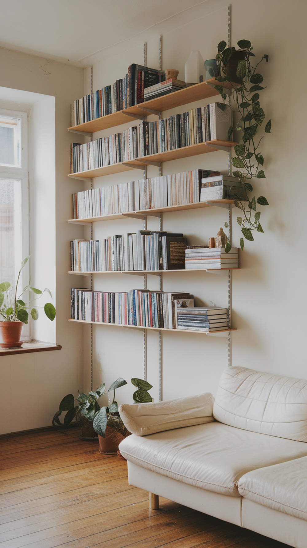 A cozy small apartment living room featuring wall-mounted shelves filled with books and plants.
