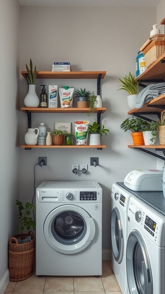 A small laundry room with wooden shelves, plants, and laundry essentials organized neatly.
