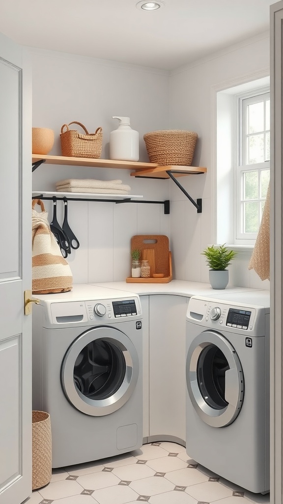 A minimalist small laundry room featuring two washing machines, open shelving, and decorative baskets.